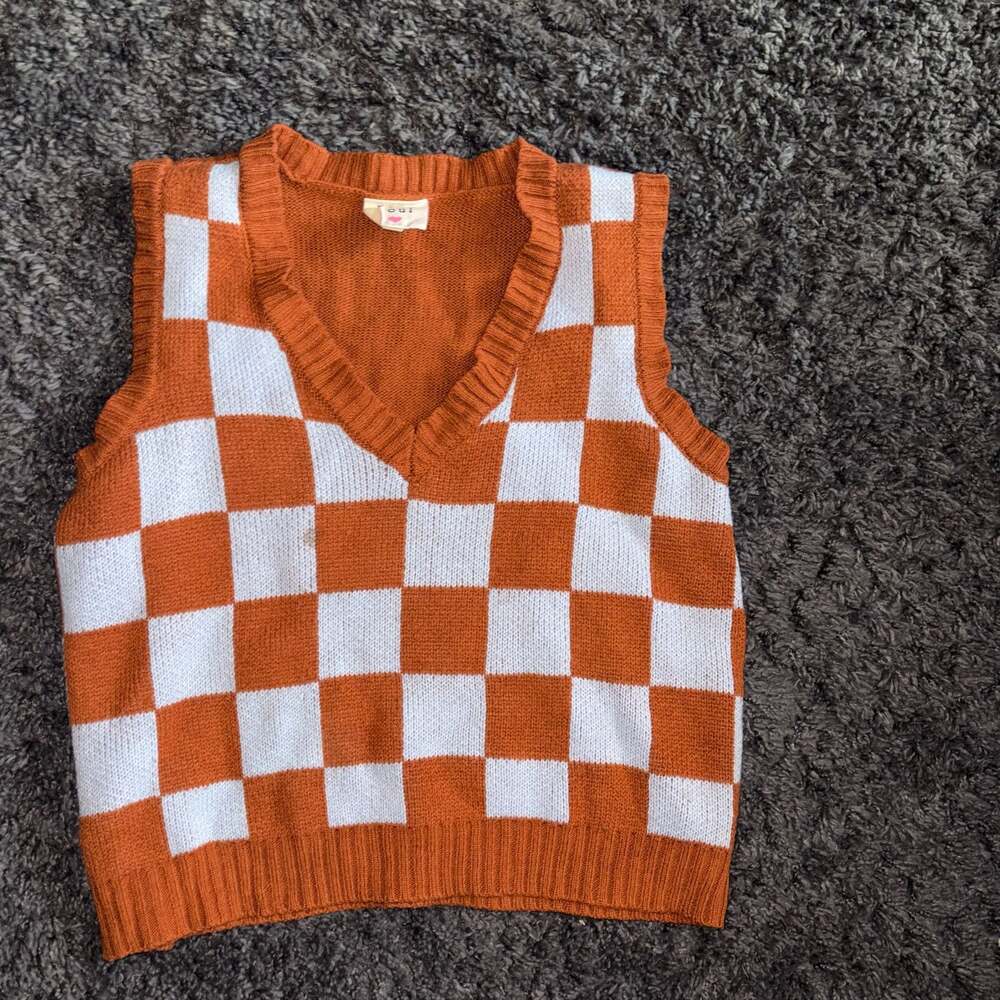Neon Soul Orange and White Checkered V-Neck Knit Sweater Vest